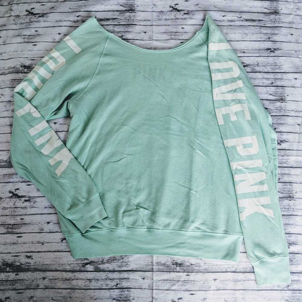 Victoria's Secret PINK Teal Light Sweater Sz XS Mint Thin Comfy LOVE Crew Cut